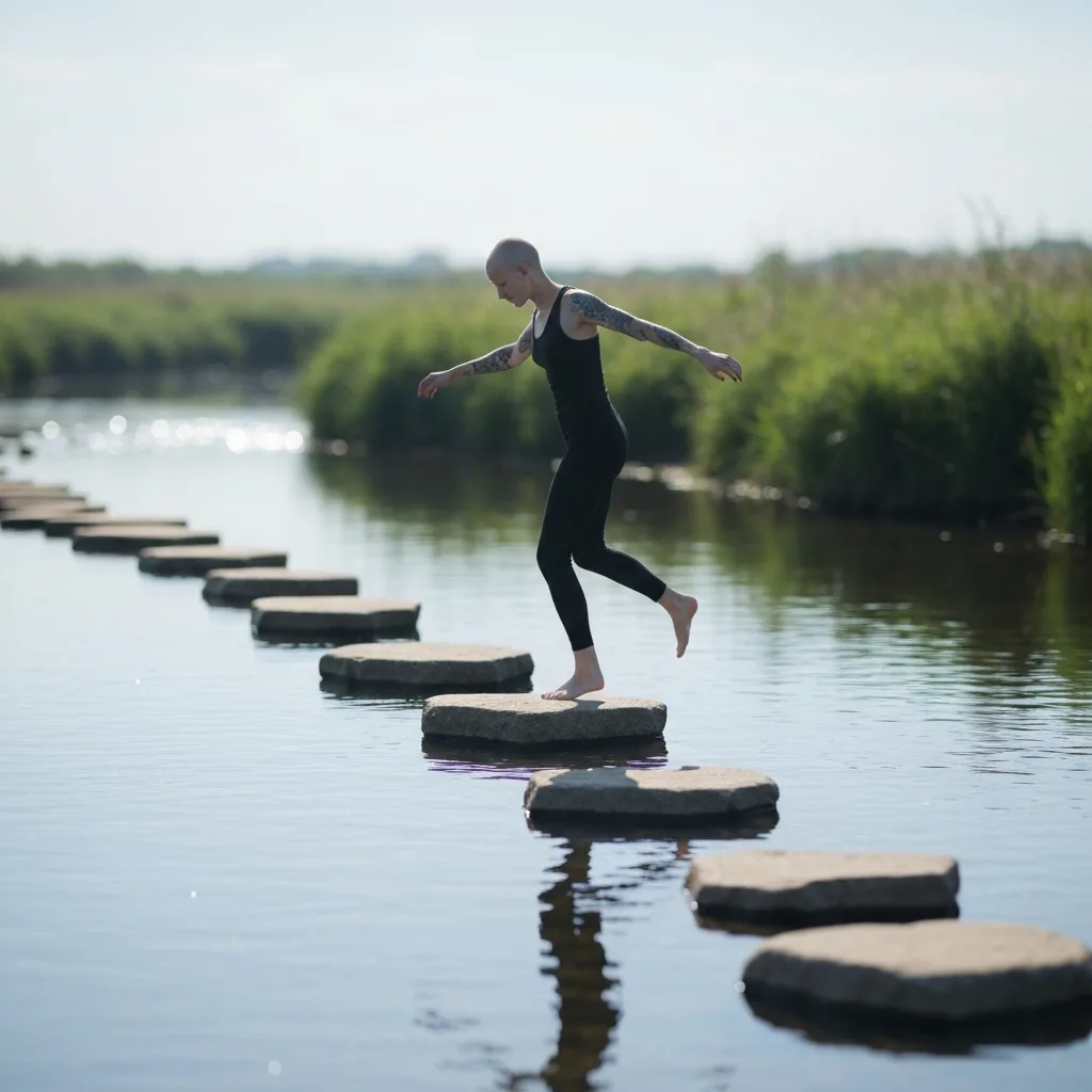 A subtle, artistic representation of a person stepping across a series of floating, uneven stones over a calm stream, symbolizing balance and adaptable movement, with soft, natural lighting.