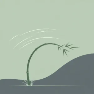A conceptual, minimalist illustration of a flexible bamboo stalk bending gracefully in strong wind, set against a soft, muted background in calming tones of sage green and slate gray.