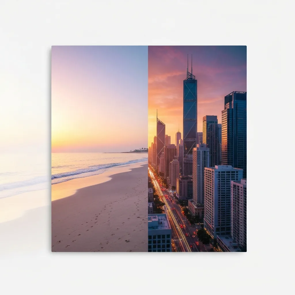 A highly detailed, photorealistic split-screen visual. On the left, a cluttered, chaotic desk bathed in harsh fluorescent light, with a smartphone screen glowing with social media notifications. On the right, a clean, minimalist, highly organized workspace bathed in warm, cinematic morning sunlight, featuring a single notebook and a cup of coffee.