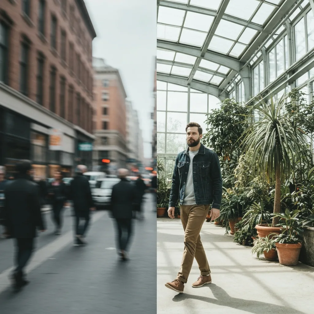 A split-screen style conceptual image showing a person stepping off a busy, blurred city street into a calm, sunlit indoor botanical garden. The contrast highlights the shift from chaotic external energy to internal emotional balance. High-end editorial photography style, muted tones.