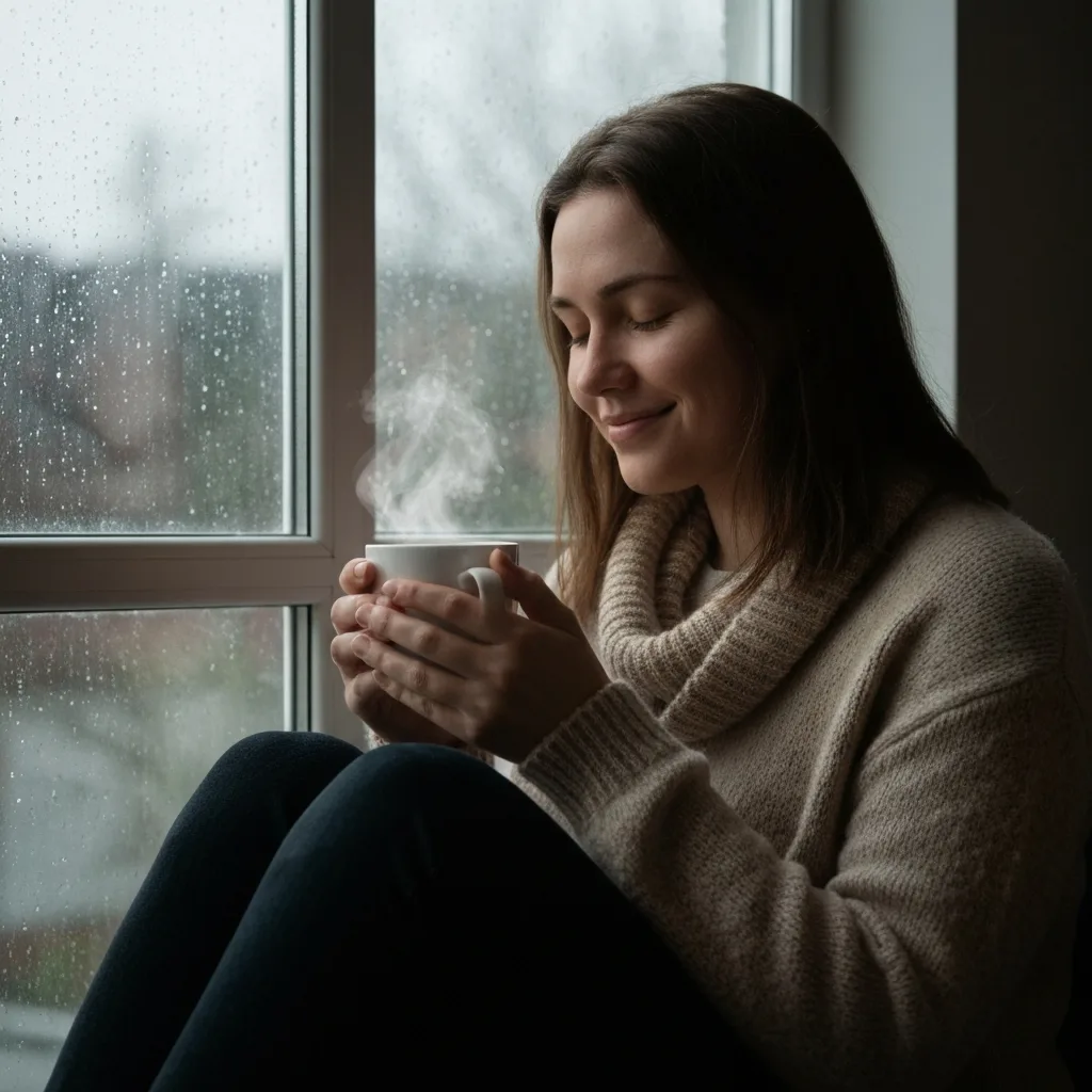 A serene, cinematic photograph of a person sitting by a large window on a rainy day, holding a warm cup of tea with both hands. They have a gentle, forgiving half-smile and their eyes are closed in a moment of peaceful mindfulness. Soft, diffused natural light pouring through the window, highlighting the steam from the cup. The atmosphere is cozy, safe, and deeply introspective.