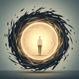 A conceptual, high-quality editorial illustration showing a person standing calmly in the center of a chaotic, swirling storm of dark, jagged abstract shapes. The person is glowing with a soft, warm, golden light that creates a protective, peaceful bubble around them, representing self-compassion and emotional balance. Minimalist background, muted tones with a stark contrast between the warm golden light and the cool dark storm.