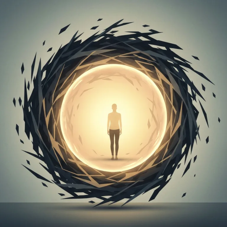 A conceptual, high-quality editorial illustration showing a person standing calmly in the center of a chaotic, swirling storm of dark, jagged abstract shapes. The person is glowing with a soft, warm, golden light that creates a protective, peaceful bubble around them, representing self-compassion and emotional balance. Minimalist background, muted tones with a stark contrast between the warm golden light and the cool dark storm.
