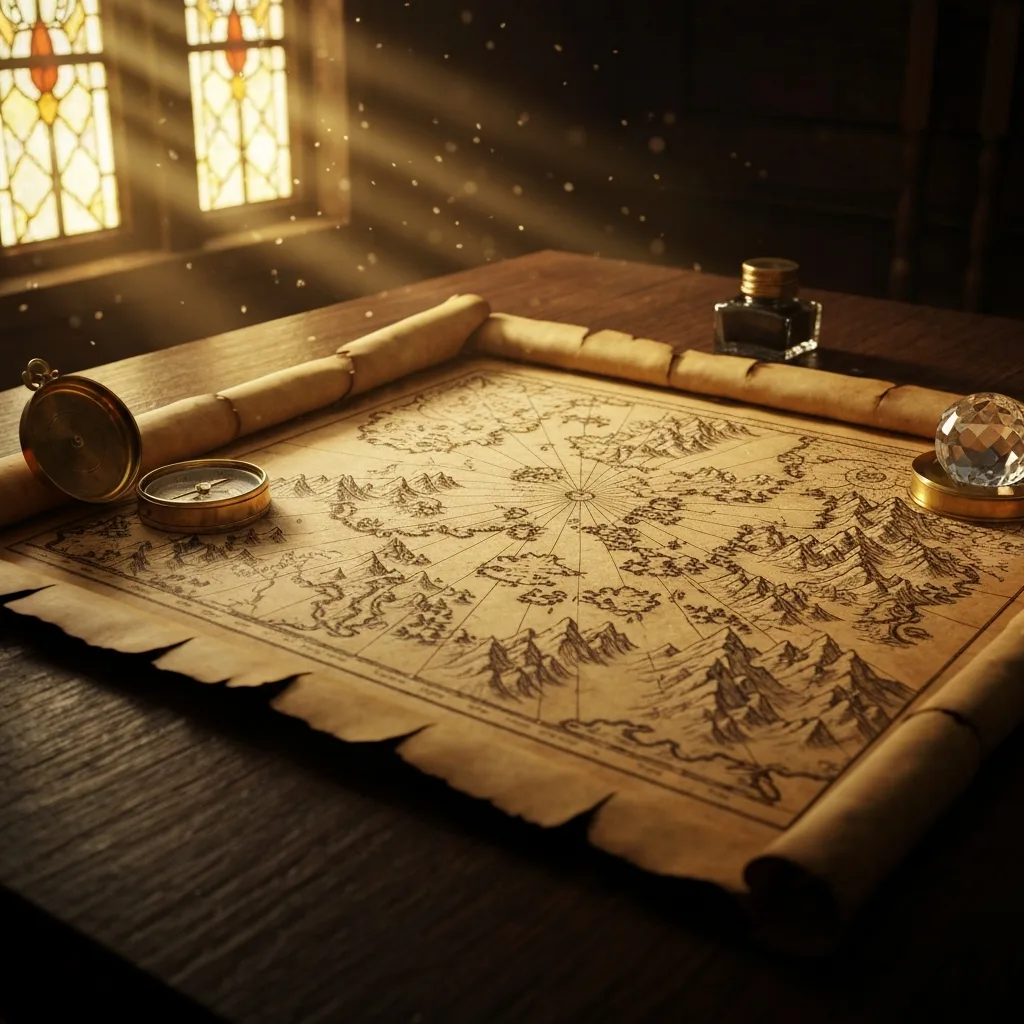 A close-up of an old, weathered parchment map spread across a heavy oak table in a dimly lit scholar's study. The map features highly detailed ink drawings of jagged coastlines, mountain ranges, and mythical beasts. A brass compass, a glowing crystal paperweight, and an inkwell sit on the edges of the map. Dust motes dance in a shaft of golden sunlight piercing through a stained-glass window. Highly detailed, rich textures.