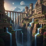 A sprawling, ancient fantasy city built into the walls of a colossal canyon. Intricate stone aqueducts carry glowing blue water across the chasm. Terraced gardens with exotic flora cling to the cliffs. In the distance, snow-capped mountains rise under a sky featuring two moons. Cinematic lighting, hyper-realistic, concept art style, epic scale.