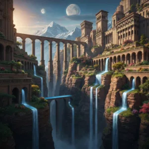 A sprawling, ancient fantasy city built into the walls of a colossal canyon. Intricate stone aqueducts carry glowing blue water across the chasm. Terraced gardens with exotic flora cling to the cliffs. In the distance, snow-capped mountains rise under a sky featuring two moons. Cinematic lighting, hyper-realistic, concept art style, epic scale.