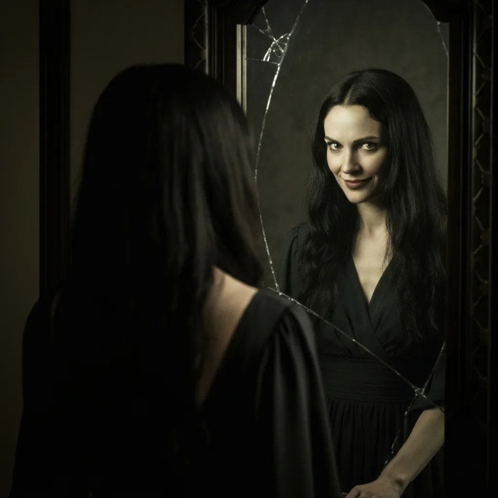 A split-screen or dual-reflection image showing a mysterious woman looking into a cracked mirror. The reflection shows a slightly different, more sinister expression than the real face, representing the concept of an unreliable narrator and psychological thrillers. Dark academia aesthetic.