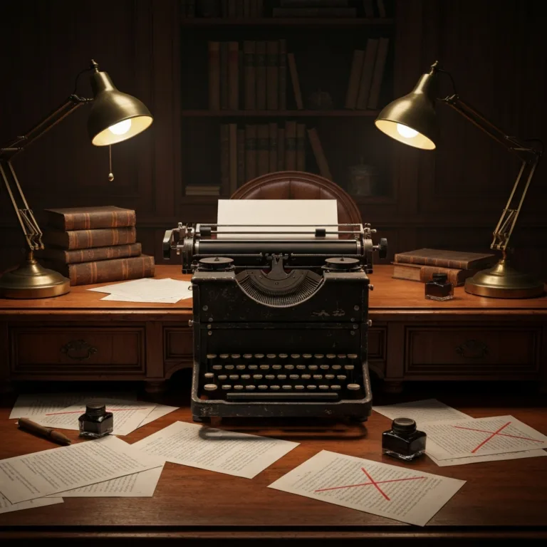 A dimly lit, vintage study room with a classic typewriter on a wooden desk. Scattered manuscript pages surround the typewriter, some with crossed-out lines, symbolizing deceptive storytelling. Cinematic lighting, moody atmosphere, rich mahogany textures.