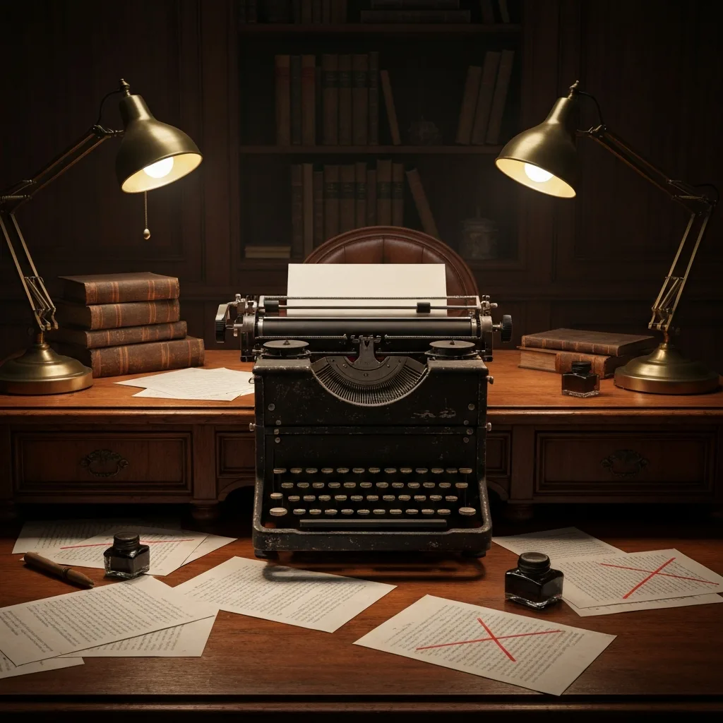 A dimly lit, vintage study room with a classic typewriter on a wooden desk. Scattered manuscript pages surround the typewriter, some with crossed-out lines, symbolizing deceptive storytelling. Cinematic lighting, moody atmosphere, rich mahogany textures.