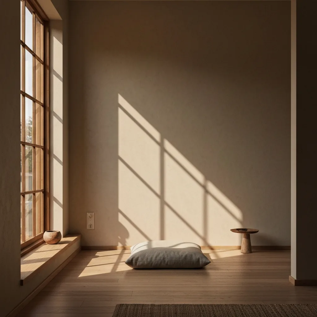A calm, inviting minimalist living space with a floor cushion, soft morning sunlight streaming through a large window, casting gentle shadows, evoking a safe space for somatic mindfulness practice, architectural photography.