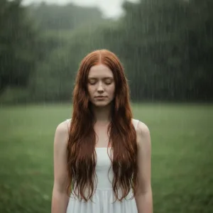 A serene, cinematic portrait of a person standing in a gentle rain, looking peaceful and grounded, symbolizing acceptance of uncomfortable elements, soft natural lighting, photorealistic.