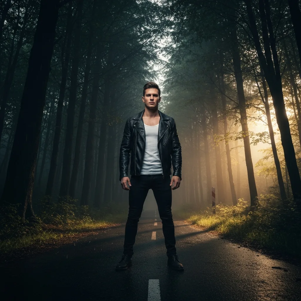 A striking, conceptual image of a person standing at a crossroads in a misty, ancient forest. One path is heavily worn but leads into dark, tangled thorns. The other path is faint, bathed in warm, golden morning light. Cinematic lighting, highly detailed, photorealistic, evocative of choice, letting go, and strategic abandonment.