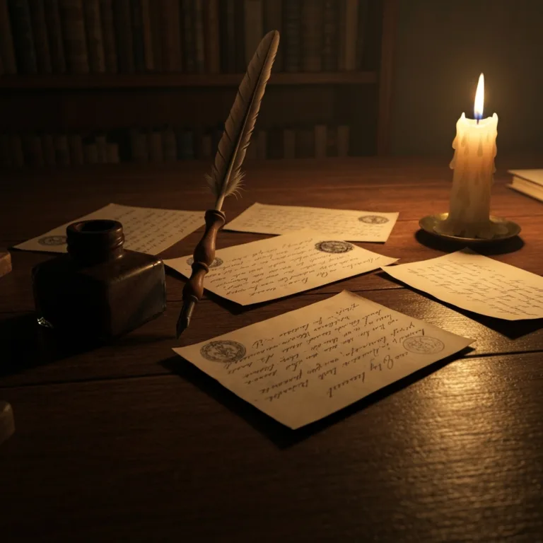 A moody, dimly lit wooden desk featuring a scattered collection of antique handwritten letters, a quill pen, an inkwell, and a flickering wax candle, conveying a sense of historical mystery and intimate storytelling.