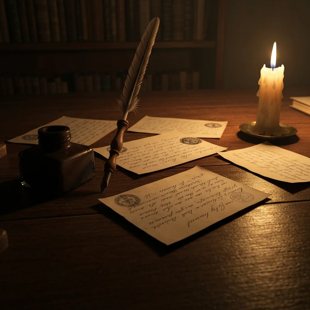 A moody, dimly lit wooden desk featuring a scattered collection of antique handwritten letters, a quill pen, an inkwell, and a flickering wax candle, conveying a sense of historical mystery and intimate storytelling.