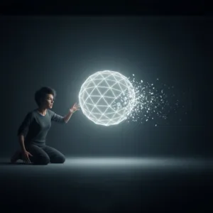 A visual metaphor for the Asymptotic Trap. A hyper-realistic, beautifully lit image of a person reaching towards a glowing, perfect geometric sphere that is infinitely fragmenting and dissolving just out of their grasp, set in a moody, atmospheric studio with stark, dramatic shadows.