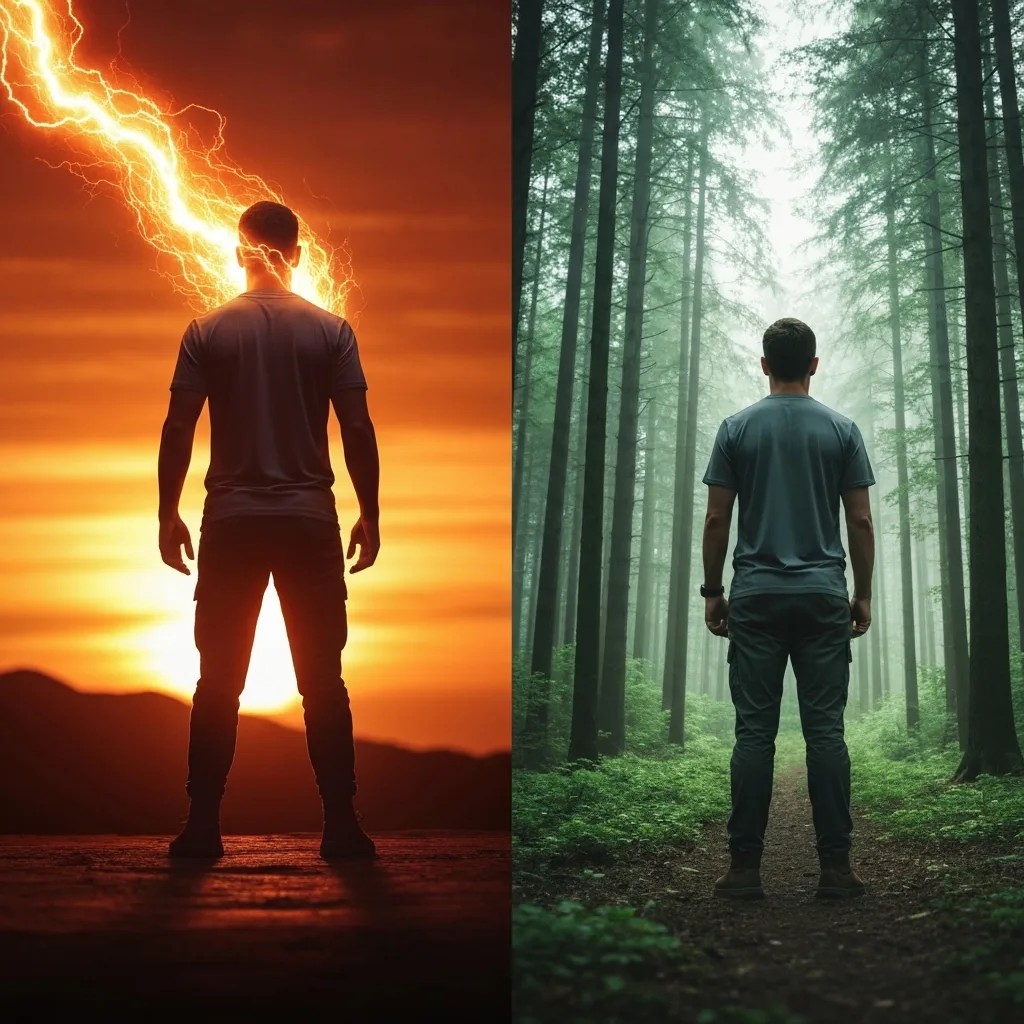 A split-screen visual metaphor. On the left, a person silhouetted in dark, cool blue tones, looking exhausted while being pulled forward by heavy, metallic chains representing external pressure. On the right, the same person illuminated in warm, golden hour light, walking forward confidently with no constraints, holding a glowing compass. Highly detailed, atmospheric, symbolic digital art.