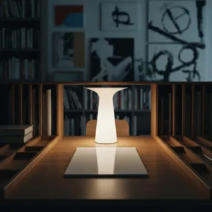 A minimalist, highly organized wooden desk with a single glowing modern lamp illuminating a blank notepad. The background is a slightly blurred, dark, chaotic room, creating a stark visual contrast between focused cognitive bandwidth and external noise. High-end photography, cinematic lighting, muted tones.