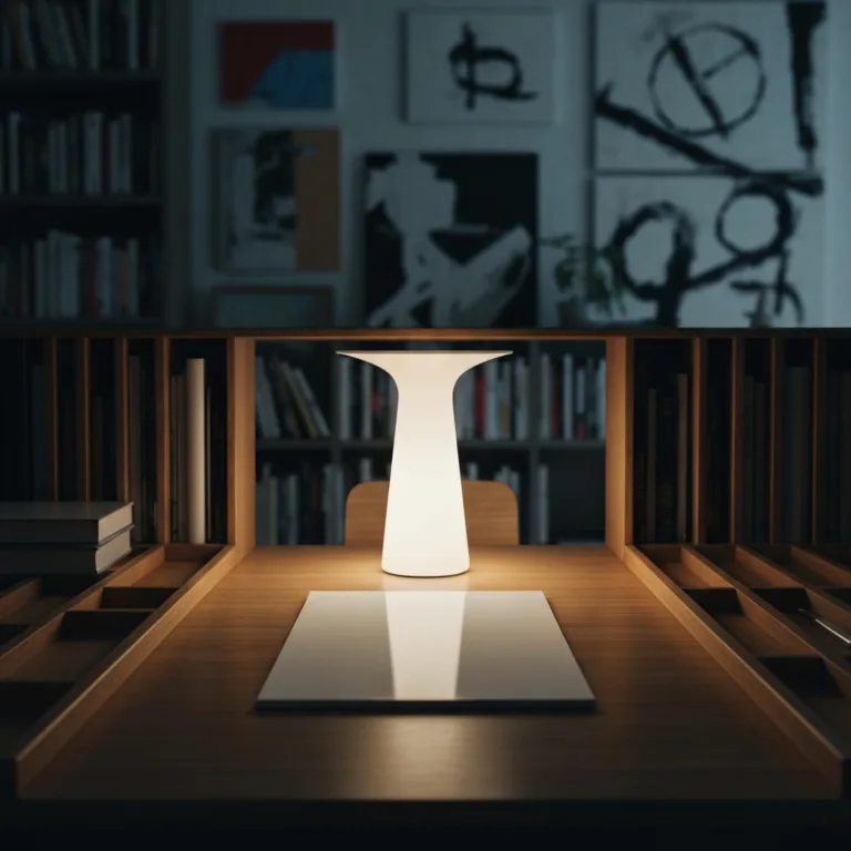 A minimalist, highly organized wooden desk with a single glowing modern lamp illuminating a blank notepad. The background is a slightly blurred, dark, chaotic room, creating a stark visual contrast between focused cognitive bandwidth and external noise. High-end photography, cinematic lighting, muted tones.