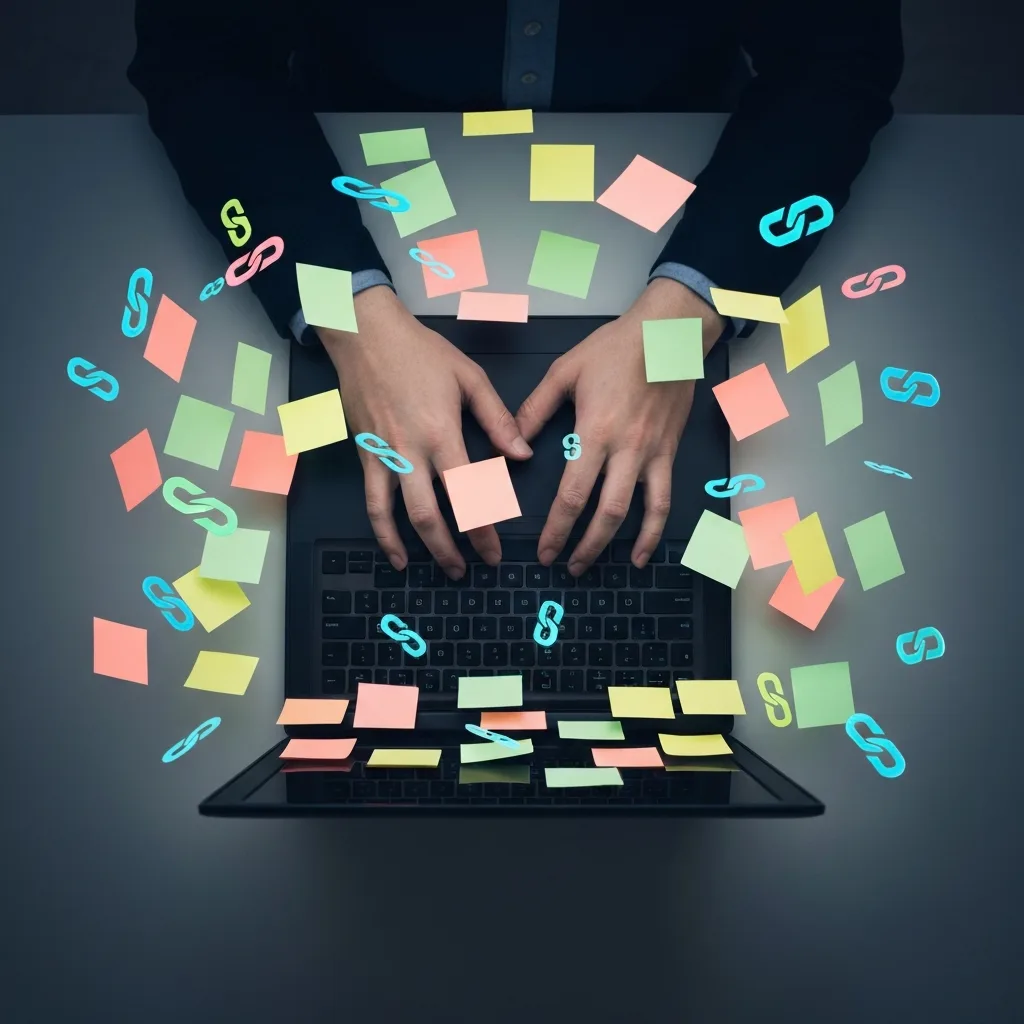 A conceptual top-down view of a person's hands typing on a laptop, surrounded by hundreds of glowing digital sticky notes and floating web links that act like a cage, preventing them from seeing the screen, cinematic lighting, modern productivity theme.