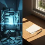A split-screen illustration showing a cluttered, overflowing digital filing cabinet on the left glowing with a cold blue light, and a clean, minimalist wooden desk with a single blank piece of paper and a pen on the right bathed in warm morning sunlight, highly detailed, conceptual.