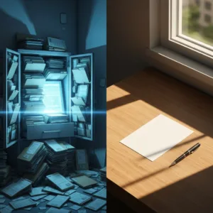 A split-screen illustration showing a cluttered, overflowing digital filing cabinet on the left glowing with a cold blue light, and a clean, minimalist wooden desk with a single blank piece of paper and a pen on the right bathed in warm morning sunlight, highly detailed, conceptual.