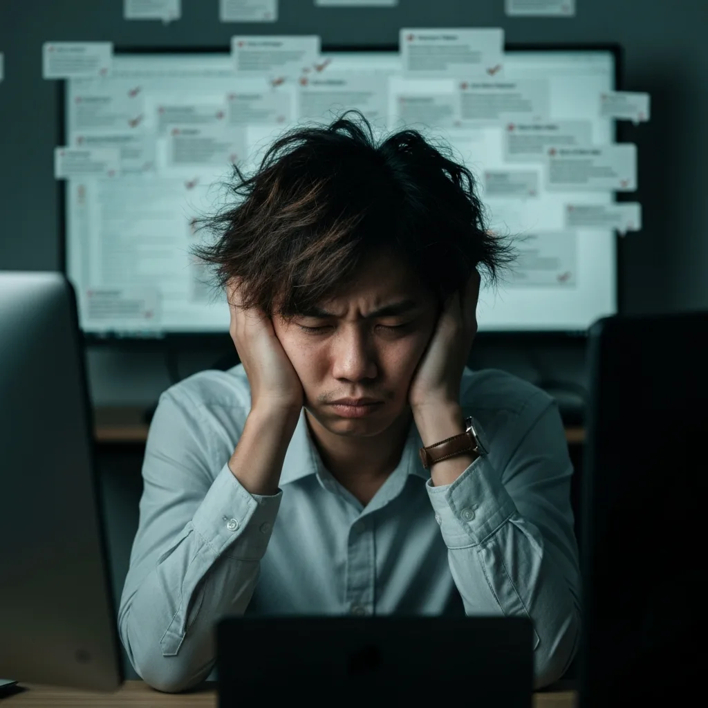 A modern office worker looking exhausted but unsatisfied in front of a computer screen filled with hundreds of tiny checkmarks and notifications. The background is slightly blurred, emphasizing the psychological weight of busywork. Moody, dramatic lighting, realistic photography.