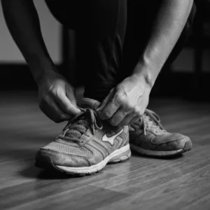 A cinematic, close-up shot of a person's hands tightly lacing up worn running shoes on a dimly lit wooden floor. The lighting is moody and warm, capturing the quiet, unglamorous moment of taking the very first step before motivation arrives.