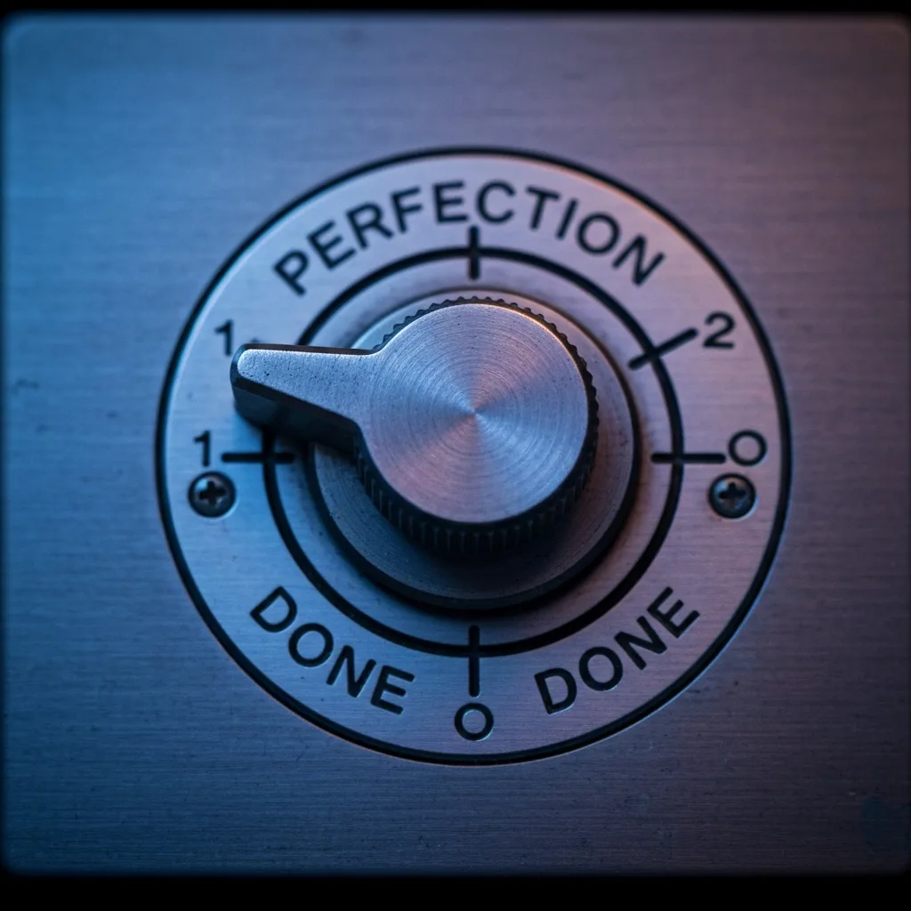 A conceptual macro shot of a dial or control knob on a vintage metallic interface being turned from 'Perfection' to 'Done'. The lighting is moody and cinematic, highlighting the texture of the brushed metal and the engraved text, symbolizing the intentional shift away from over-engineering.