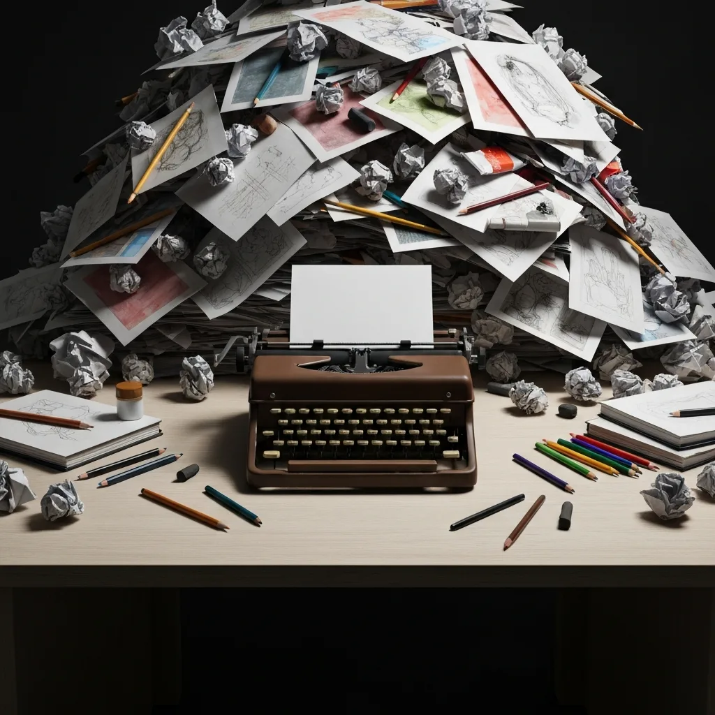 A vintage typewriter sitting on a minimalist wooden desk with a single blank sheet of paper loaded. The desk is surrounded by an overwhelming, chaotic mountain of crumpled papers and endless art supplies, illustrating the paralysis of infinite choices. High contrast, moody lighting.