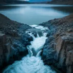 A powerful, churning river flowing rapidly through a narrow, jagged rocky gorge, contrasting with a calm, wide, stagnant body of water in the background. Cinematic lighting, photorealistic, deep blues and earthy stone textures, symbolizing focused energy and momentum.