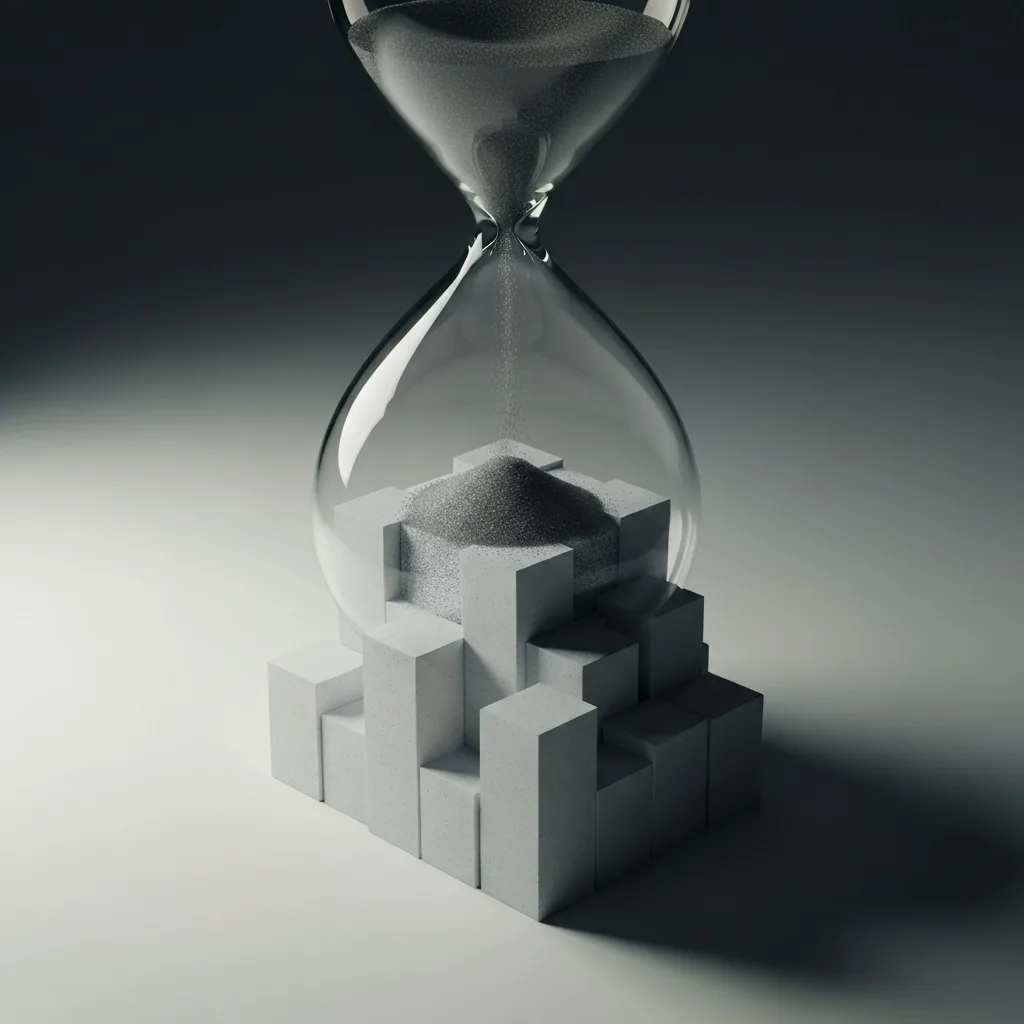 A conceptual visual of an hourglass where the falling sand transforms into solid, structured building blocks at the bottom, symbolizing time constraints creating tangible output, modern 3D render, clean aesthetic, muted color palette.