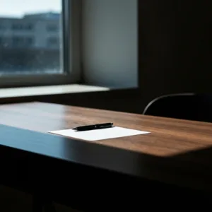 A minimalist workspace featuring a sleek wooden desk with a single piece of paper and a pen, bathed in dramatic, high-contrast natural sunlight streaming through a window, emphasizing focus and limitation, photorealistic, cinematic lighting.