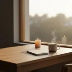 A beautifully organized wooden desk near a large window with soft morning light pouring in. On the desk, a single lit candle, a steaming cup of coffee in a ceramic mug, and a closed minimalist notebook. The atmosphere is calm, focused, and intentional, representing the start of a deep work session.