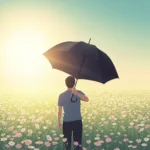 A conceptual, high-quality editorial illustration showing a person standing in a bright, beautiful sunlit field of flowers, but holding up a heavy, dark umbrella as if expecting a severe storm. The contrast between the vibrant, peaceful environment and the defensive posture highlights the psychological concept of bracing for impact. Soft lighting, muted pastel colors with a stark dark umbrella, minimalist and evocative style.