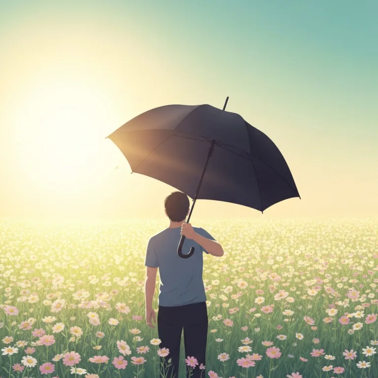 A conceptual, high-quality editorial illustration showing a person standing in a bright, beautiful sunlit field of flowers, but holding up a heavy, dark umbrella as if expecting a severe storm. The contrast between the vibrant, peaceful environment and the defensive posture highlights the psychological concept of bracing for impact. Soft lighting, muted pastel colors with a stark dark umbrella, minimalist and evocative style.