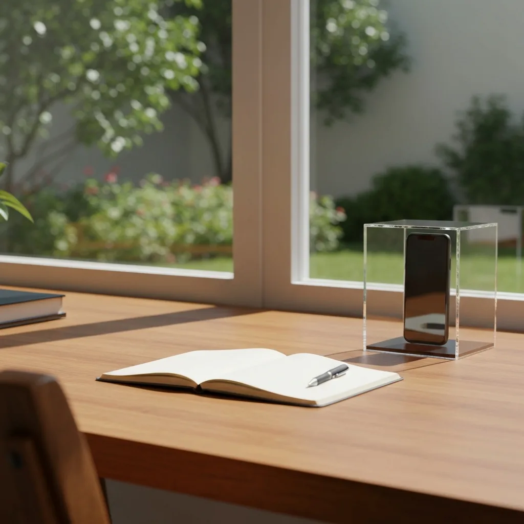 A minimalist, aesthetic workspace featuring a wooden desk with a single open notebook and a pen, bathed in natural sunlight. A smartphone is locked inside a transparent glass box in the background, representing digital deprivation and deep focus.