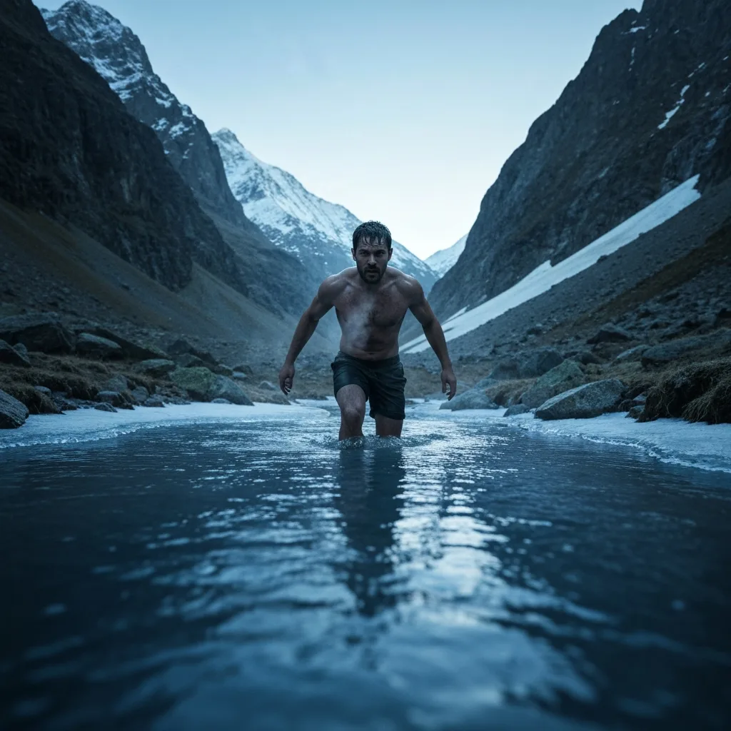 A hyper-realistic, cinematic shot of a person stepping into a freezing mountain stream at dawn, breath visible in the cold air, symbolizing physical friction and voluntary hardship. Moody lighting, high contrast.
