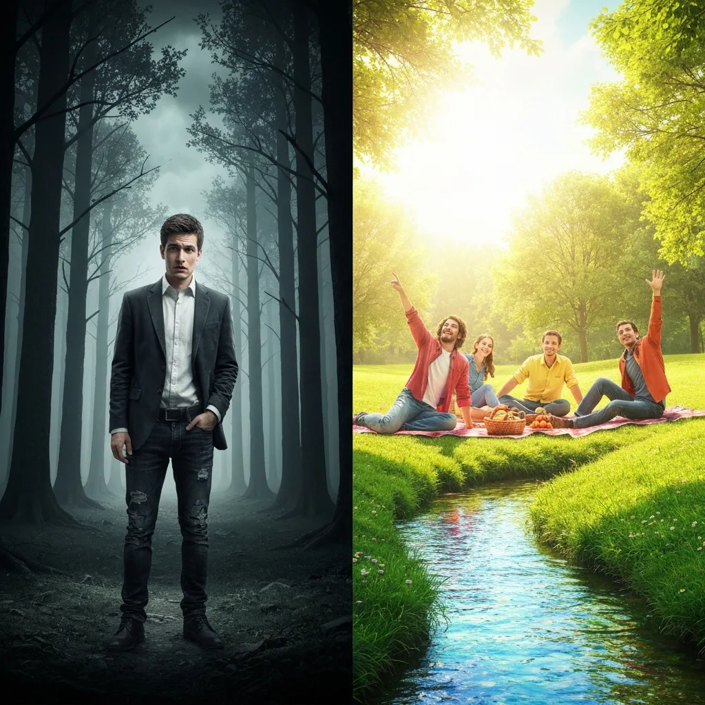 A split-screen visual metaphor. On the left side, a person is pushing a massive, rough boulder up a steep, gray hill, looking exhausted. On the right side, a person is effortlessly being pulled forward by a bright, glowing current of energy through a vibrant, lush forest. High contrast, artistic, digital illustration.