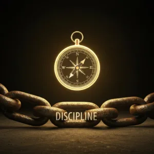 A conceptual image showing a heavy, rusted iron chain labeled 'Discipline' lying on the ground, while a glowing, ethereal compass pointing forward floats above it, representing curiosity. Cinematic lighting, photorealistic, dark background with a warm golden glow.