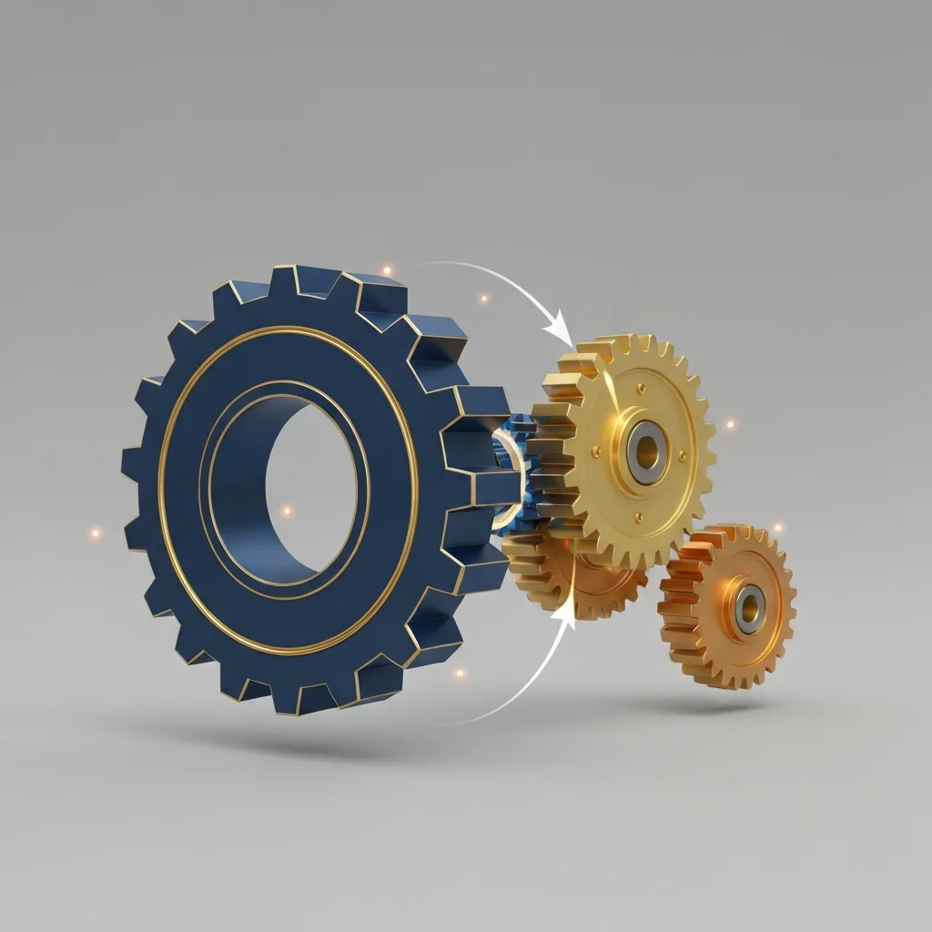 A conceptual illustration of a complex gear system where one large, central gear is successfully transferring rotational energy to a series of smaller, interconnected gears. Clean lines, modern corporate color palette of deep blues and muted golds, subtle glowing effects, 3D render.