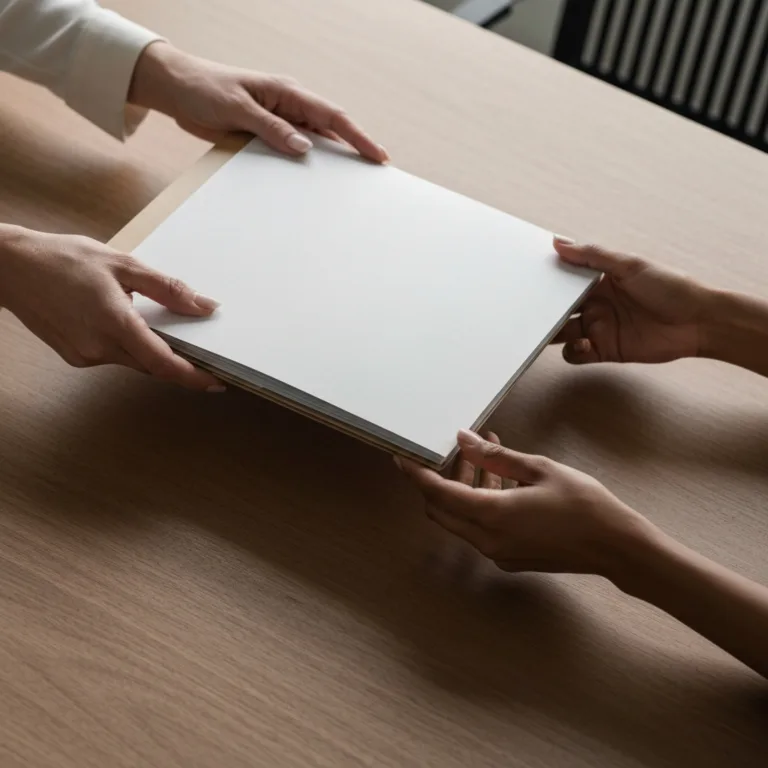 A close-up, top-down view of a minimalist wooden desk. A pair of hands is sliding a neatly organized project folder across the table to another pair of hands. Soft, natural lighting, professional and calm atmosphere, high-resolution, photorealistic.