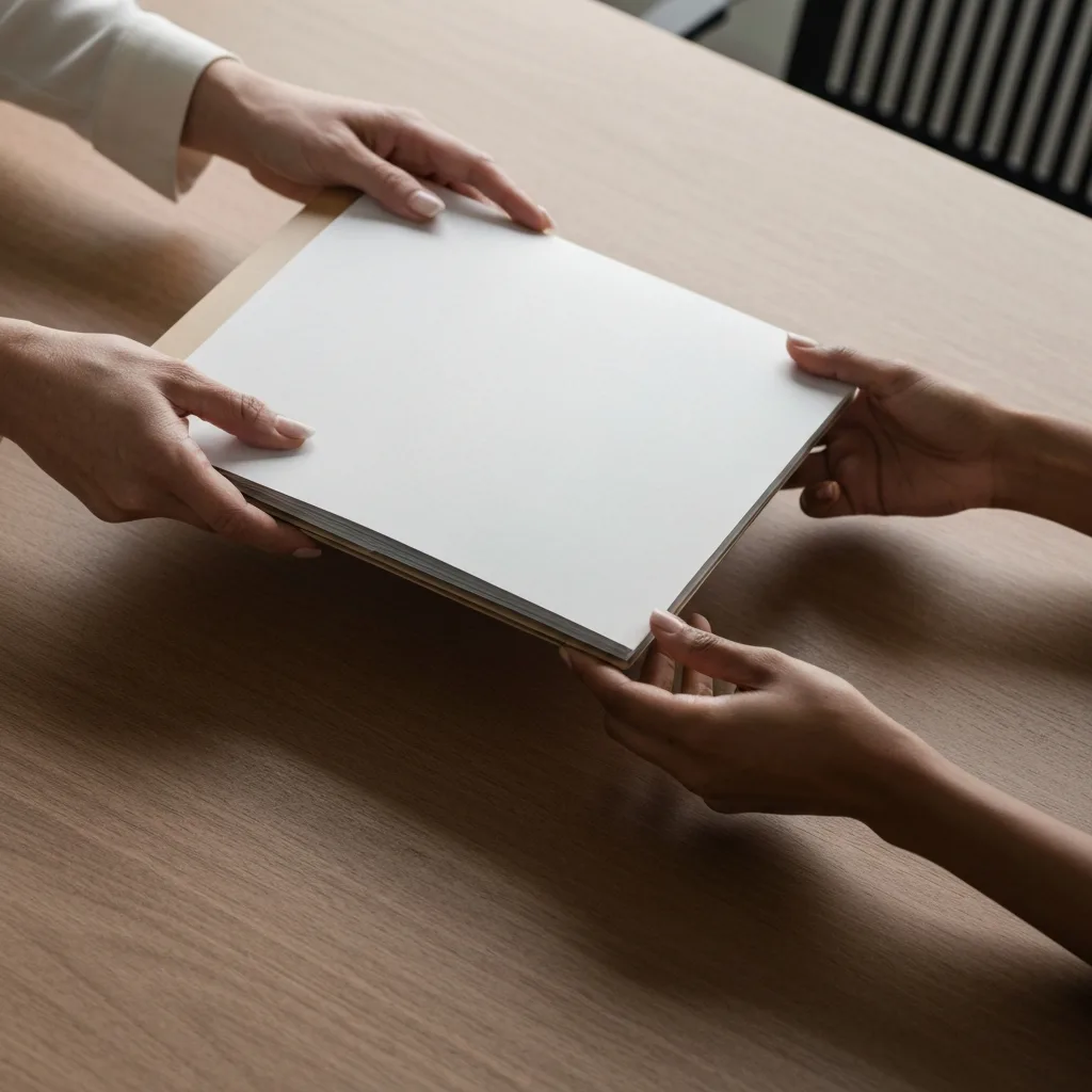 A close-up, top-down view of a minimalist wooden desk. A pair of hands is sliding a neatly organized project folder across the table to another pair of hands. Soft, natural lighting, professional and calm atmosphere, high-resolution, photorealistic.