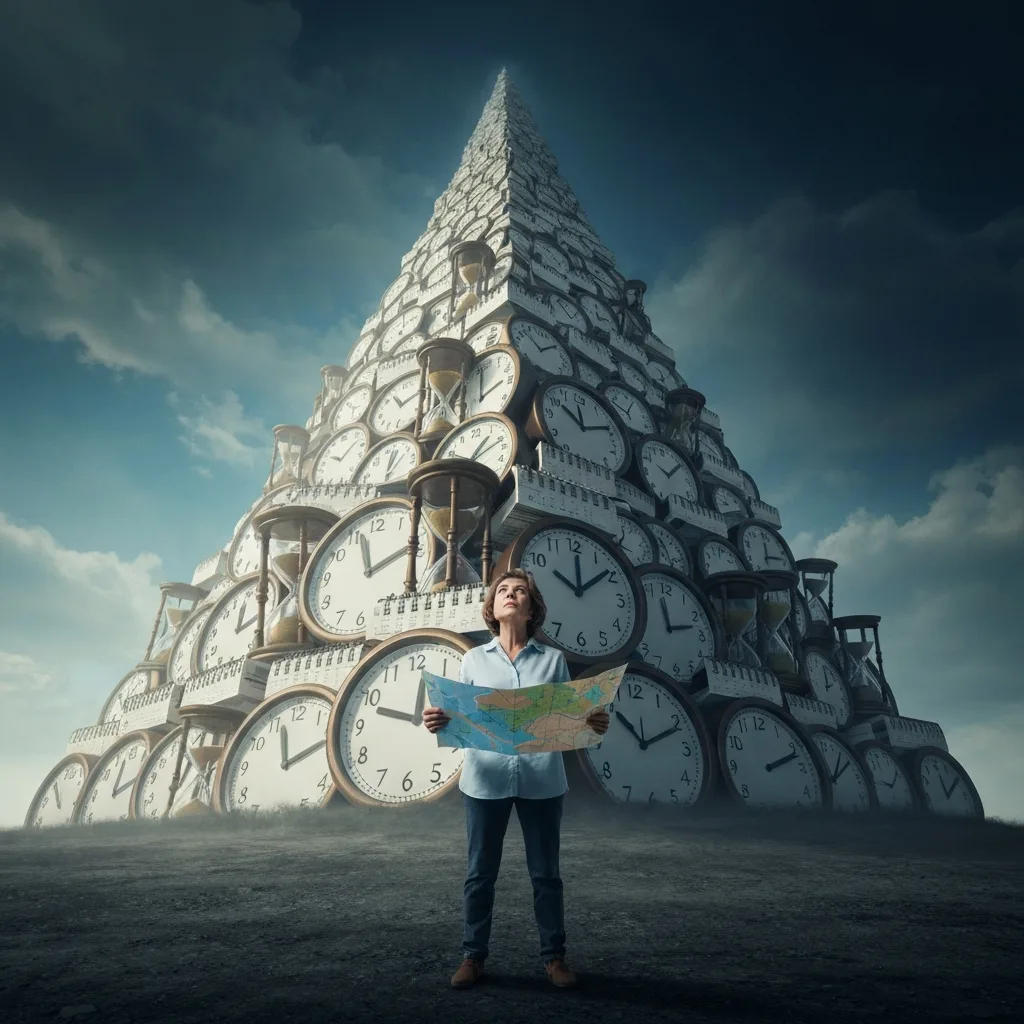 A conceptual illustration of a person standing at the base of a massive, steep mountain made entirely of stacked analog clocks, hourglasses, and calendar pages. The person looks up, holding a small, inadequate map. Cinematic lighting, dramatic shadows, representing the overwhelming nature of time estimation.