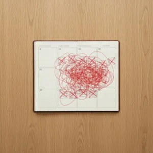 A minimalist top-down view of a wooden desk. On the desk, a beautifully structured paper planner is covered in chaotic, overlapping red ink scribbles and crossed-out time blocks, symbolizing a collapsed schedule. Soft, natural lighting, highly detailed, photorealistic.
