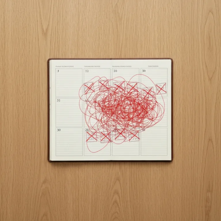 A minimalist top-down view of a wooden desk. On the desk, a beautifully structured paper planner is covered in chaotic, overlapping red ink scribbles and crossed-out time blocks, symbolizing a collapsed schedule. Soft, natural lighting, highly detailed, photorealistic.
