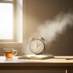 A serene, softly lit workspace where a mechanical clock is gently fading into a translucent, ethereal mist, symbolizing the release of time anxiety. Warm, calming color palette with soft morning sunlight filtering through a nearby window, illuminating a cup of herbal tea and an open journal.