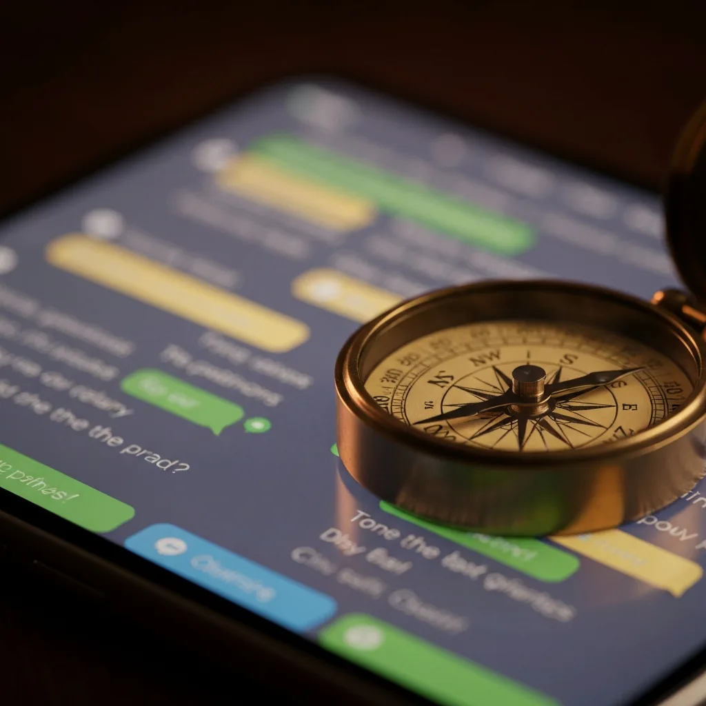 A macro photography shot of an old-fashioned brass compass resting on top of a blurred, glowing smartphone screen displaying a barrage of text messages. The compass is in sharp focus, symbolizing direction and true importance over the chaotic speed of digital notifications. Warm, cinematic lighting.