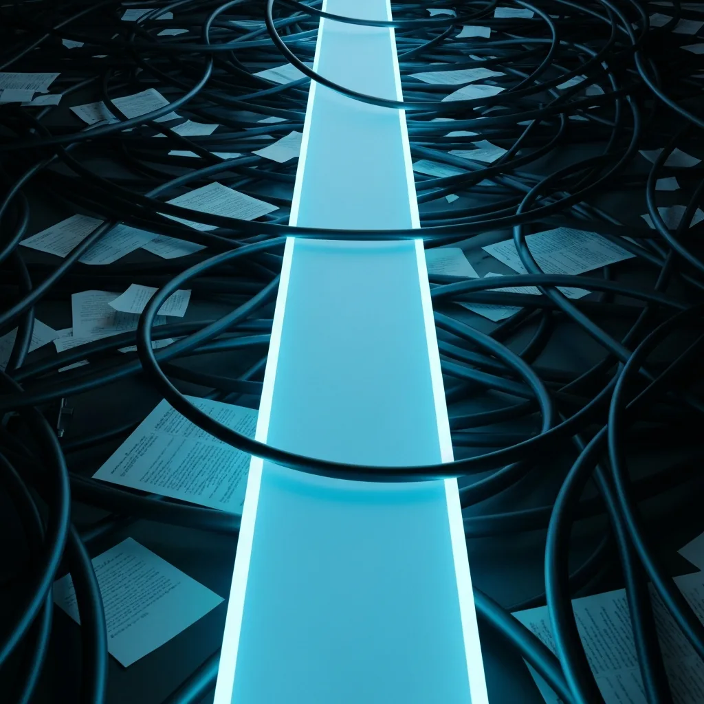 A conceptual 3D illustration showing a smooth, glowing neon blue path cutting directly through a chaotic, tangled maze of dark, heavy cables and scattered paperwork. The smooth path represents an optimized, frictionless workflow, while the surrounding clutter represents environmental friction. Modern, high-contrast lighting.