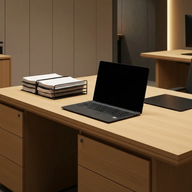 A top-down view of a minimalist, highly organized wooden desk. A person's hands are visible writing in a sleek notebook. To the side, a smartphone is placed face down inside a small, opaque wooden box with a lid, symbolizing the intentional addition of friction to digital distractions. Soft, natural morning light casting gentle shadows.