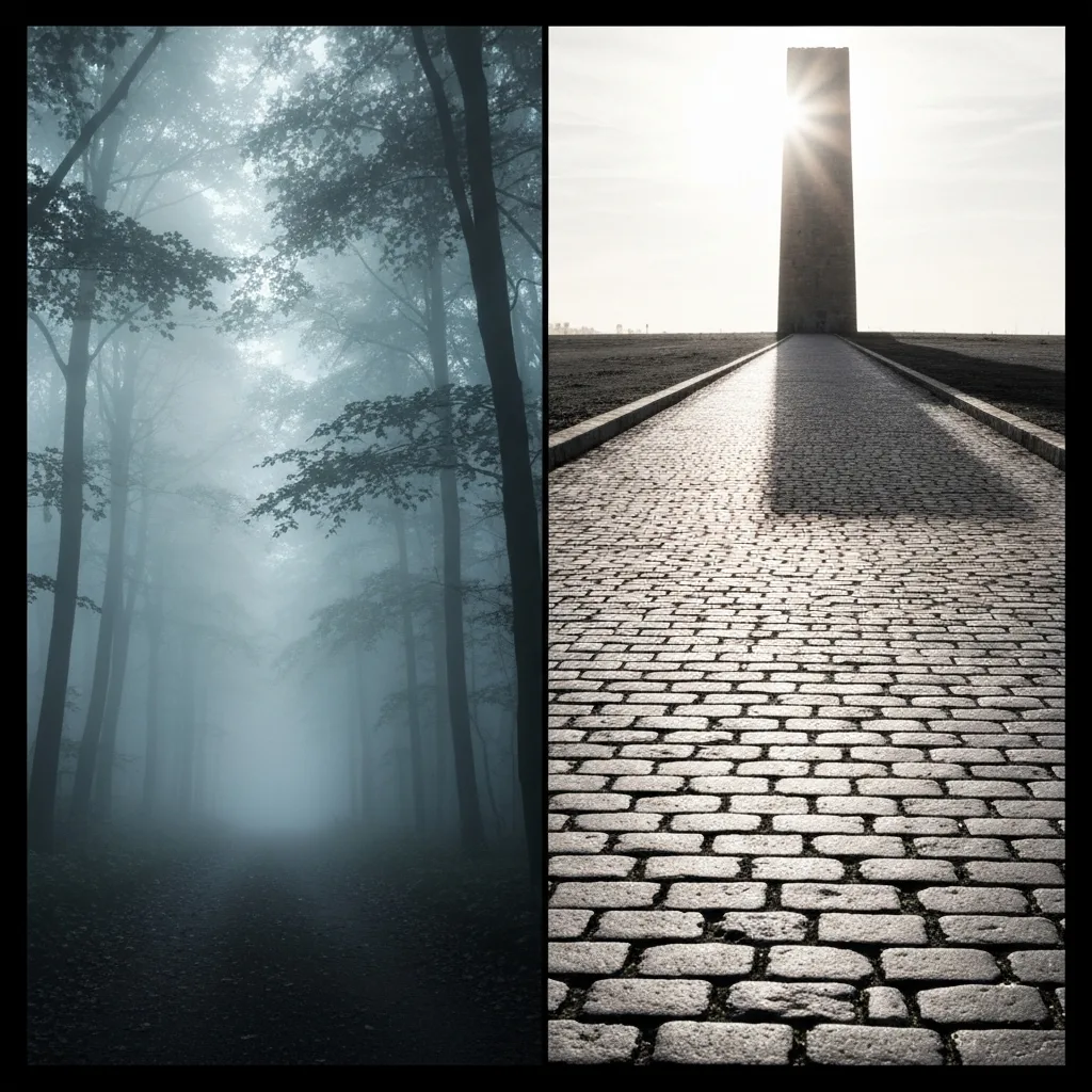A split-screen visual concept. On the left side, a dense, foggy, and blurry forest path representing ambiguity. On the right side, a sharply in-focus, brightly lit cobblestone path leading to a clear destination, demonstrating high-resolution thinking.